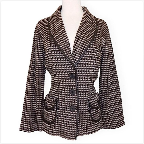 TravelSmith Brown Pattern Print Stretch Sweater Knit Faux Leather Trim Jacket M - Picture 1 of 3